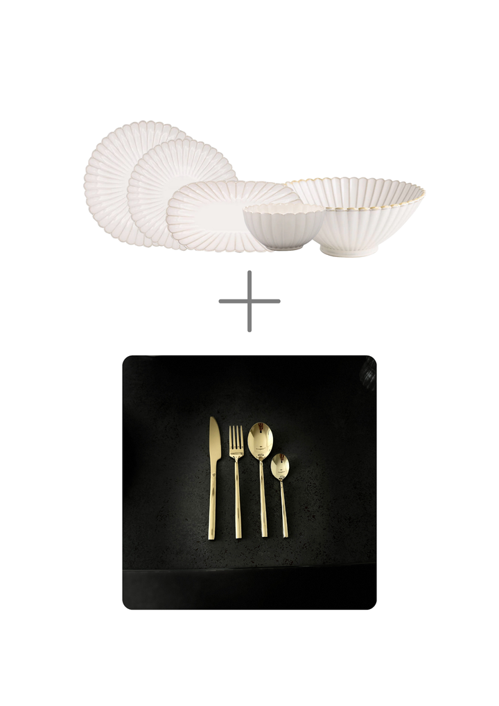 Belle Geschirrset 22 Teilig |Bis zu 6 Personen| + Chanté Besteckset 24 Teilig in Gold